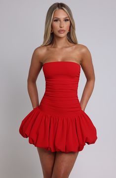 Let us upgrade your new season line up with this cute mini. Made in stretch crepe with a body-hugging fit, it feature a strapless neckline, dropped waist and flirty gathered puffball skirt. Style with strappy heels for your next dinner reservation. 



Colour: Red.

Premium stretch crepe fabric.

Fully lined.

Strapless neckline.

Pleating to the body.

Dropped waist design.

Gathered puffball skirt.

Invisible zipper fastening.

Mini length.

Model is an XS and is wearing an XS.

 Size: XS, S, Red Ruched Mini Dress With Fitted Bodice, Fitted Ruched Mini Dress With Bubble Hem, Fitted Ruched Dress With Bubble Hem, Strapless Ruched Mini Dress With Fitted Bodice, Red Ruched Strapless Mini Dress, Fitted Bubble Hem Mini Dress For Evening, Fitted Bubble Hem Evening Dress, Ruched Fitted Bubble Dress For Cocktail, Fitted Mini Dress With Ruffles And Bubble Hem