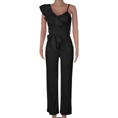 Black Ruffle One Shoulder Sleeveless V Neck Jumpsuit Elegant Strapless Sleeveless Jumpsuit With Ruffles, Black Ruffled Jumpsuits And Rompers For Spring, Casual Black Jumpsuits And Rompers With Ruffles, Casual Black Jumpsuit With Ruffles, Fitted Strapless Sleeveless Jumpsuit With Ruffles, Fitted Sleeveless Strapless Jumpsuit With Ruffles, Sleeveless Ruffled Jumpsuits And Rompers For Night Out, Black Sleeveless Ruffled Jumpsuit, Sleeveless Black Ruffled Jumpsuit