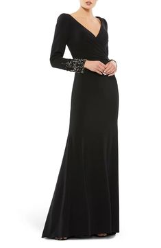 Mac Duggal Beaded Cuff Long Sleeve Wrap Front Gown | Nordstrom Formal Dresses Long Elegant Black Tie Mother Of The Bride, Long Sleeve Evening Gowns, Dresses Classy, Long Sleeve Gown, Embellished Gown, Column Gown, Long Sleeve Sequin, Ruffle Long Sleeve, Lace Evening Dresses