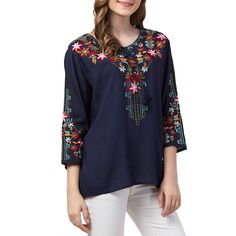 Raj Dahlia Tunic This elegant tunic is ready to make a statement with detailed floral embroidery and beautiful tassels to add on-trend interest. Pair with your favorite jeans and you're ready to go! Plus Size Tunic, Cowl Neck Tunic, Fancy Tops, Knit Tunic, Pullover Designs, Beautiful Embroidery, Ready To Go, Favorite Jeans, Floral Embroidery