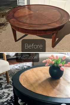 before and after photos of a coffee table with flowers in the center, on top of a rug