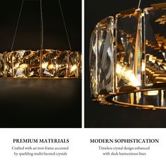 three different types of chandeliers hanging from the ceiling, with text describing them