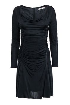 Current Boutique-Karen Millen - Black Cowl Neckline Ruched Mini Dress Sz 6 Fitted Draped Dress With Gathered Neckline, Chic Mini Dress With Gathered Neckline For Date Night, Evening Mini Dress With Gathered Neckline, Long Sleeve Dress With Gathered Neckline For Party, Long Sleeve Party Dress With Gathered Neckline, Fitted Draped Dress For Fall, Chic Evening Mini Dress With Gathered Neckline, Chic Mini Dress With Gathered Neckline For Evening, Fitted Cocktail Dresses With Gathered Neckline