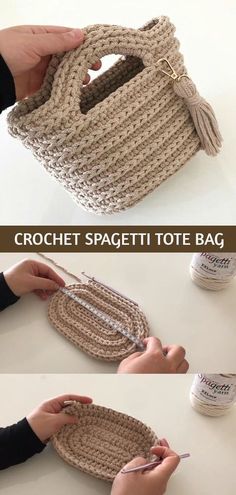 the crochet spacetti tote bag is being worked on by two hands