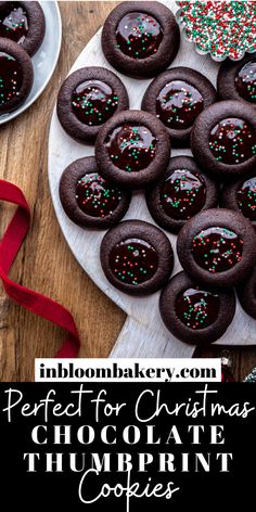 chocolate christmas cookies with sprinkles are on a white plate and red ribbon