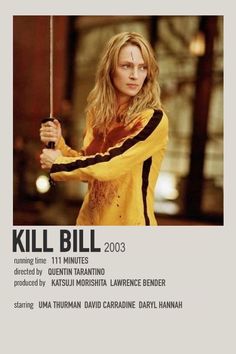 the poster for kill bill is shown in black and white, with a woman holding an umbrella