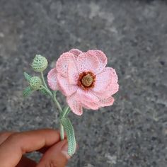 a hand holding a pink crocheted flower on top of a cement ground next to a sidewalk