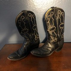 Lizard Skin Size Ten Cowboy Boots. Black With Design. Gently Worn. My Husband Doesn’t Wear Them Anymore! Vintage Black Winter Boots, Fitted Vintage Black Boots, Vintage Black Boots For Rodeo, Cowboy Boots Black, Black Lizard, Lizard Skin, Boots Black, My Husband, Cowboy Boots