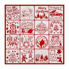 a red and white christmas card with merry lettering on it, including santa's slei