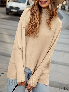 Ebeek - Womens Casual Turtle Neck Batwing Sleeve Pullover Sweater Ideal for Fall & Winter wardrobe Beige Batwing Sleeve Tops For Fall, Beige Batwing Sleeve Sweater For Fall, Fall Beige Batwing Sleeve Sweater, Beige Batwing Sleeve Tops For Winter, Fall Winter Wardrobe, Casual Fit, Womens Casual, Side Stripe, Batwing Sleeve