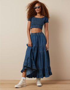 AE High-Waisted Chambray Maxi Skirt Maxi Skirt Outfits, Tiered Maxi Skirt Outfit, Long Denim Skirt Outfit, Denim On Denim Looks, Chambray Skirt, White Jeans Men, Athletic Fit Jeans, Denim Skirt Outfits, Long Denim Skirt