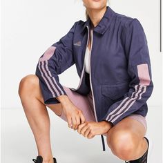 Pit To Pit -20”; Length-22.5” Sporty Utility Jacket For Fall Workwear, Sporty Track Jacket For Spring Workwear, Sporty Utility Jacket For Workwear, Sporty Long Sleeve Utility Jacket For Work, Adidas Athleisure Outerwear With Pockets, Puffer Vest With Hood, Adidas Zip Up, Black Sweats, Womens Puffer Vest