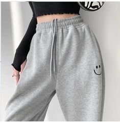 Smiley Embroidery Sweatpants – Tomscloth Casual Letter Print Bottoms For Winter, Casual Winter Bottoms With Letter Print, Casual Full Length Sweatpants With Letter Print, Trendy Letter Print Pants For Winter, Trendy Pants With Letter Print For Winter, Casual Letter Print Pants, Trendy Winter Pants With Letter Print, Casual Letter Print Pants For Winter, Casual Letter Print Winter Pants