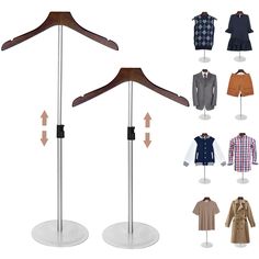 three different types of clothing on display with clothes hangers and coat racks in front of them