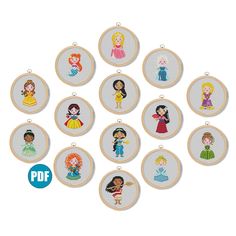 cross stitch embroidery kit featuring princesses in different sizes and colors, with text overlaying the image