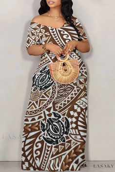 Lasaky - Boho Luxe Off Shoulder Short Sleeve Tunic Dress Casual Brown Maxi Dress For Vacation, Casual Brown Dress For Vacation, Casual Brown Vacation Dress, Fitted Maxi Dress, Maxi Tops, Vacation Vibes, Graphic Tee Dress, Bohemian Print, Boho Luxe