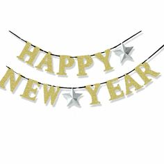 happy new year banner with silver stars and gold glitter letters on white background for party decoration