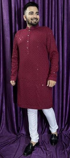 Red and Maroon color Kurta Pyjamas in Rayon fabric with Embroidered, Sequence, Thread work Red Embroidered Cotton Churidar, Red Salwar Kameez With Chikankari Embroidery And Long Sleeves, Red Kurta With Mirror Work For Eid, Red Mirror Work Kurta For Eid, Red Cotton Churidar With Traditional Drape, Red Cotton Churidar For Wedding, Red Cotton Churidar For Festivals, Red Churidar With Chikankari Embroidery, Red Cotton Sets With Mirror Work