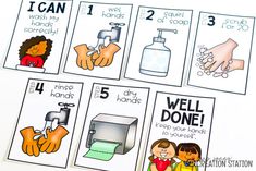 four cards showing different ways to wash hands