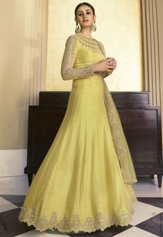 Embroidered Art Silk Abaya Style Suit in Light Yellow : KCH6685 Embellished Semi-stitched Long Sleeve Gown, Unstitched Embellished Gown For Eid, Floor-length Embroidered Sets For Eid, Semi-stitched Embroidered Gown For Eid, Eid Semi-stitched Embroidered Gown, Embroidered Floor-length Sets For Eid, Embroidered Semi-stitched Eid Gown, Floor-length Embroidered Raw Silk Kurta, Embellished Traditional Wear With Long Sleeves For Eid