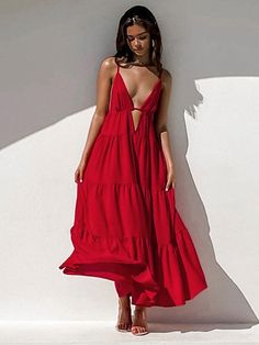 Brand Name: EDOLYNSAMaterial: PolyesterPattern Type: SolidStyle: Beach StyleOrigin: CN(Origin)CN: ZhejiangFit: Fits true to size, take your normal sizeAge: Ages 18-35 Years OldRelease Date: Summer 2022 Red V-neck Dress For Vacation, Chic V-neck Beach Dress For Holiday, Summer Holiday V-neck Sundress, Beachwear Sleeveless Sundress For Party, Sleeveless Beachwear Sundress For Party, Beachwear Party Dress With Spaghetti Straps, Red V-neck Beach Dress For Beach Season, Spaghetti Strap Beach Dress For Party, Spaghetti Straps Beach Dress For Party