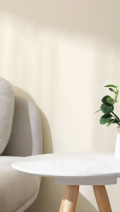 a small potted plant sitting on top of a white table next to a couch