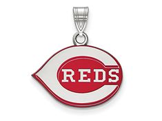 Rhodium over sterling silver enameled MLB's Cincinnati Reds medium pendant from LogoArt.   Measures approximately 0.71"L x 0.59"W. Red Round Jewelry With Black Enamel, Red Enamel Round Necklace, Red Enamel Jewelry For Anniversary, Red Enamel Round Pendant Necklace, Red Enamel Jewelry With Charms, Red Sterling Silver Jewelry With Polished Finish, Red Enamel Collectible Jewelry, Silver Enamel Necklace For Anniversary, Red Engraved Round Pendant Jewelry