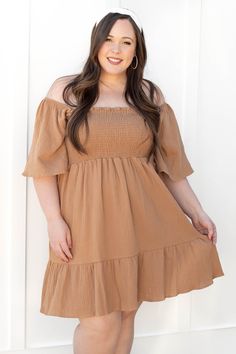 Chic Soul plus size clothing, mocha brown off the shoulder short sleeve dress with ruched chest and flutter bottom Brown Summer Dress, Brown Summer Dresses, Mocha Dress, Neutral Dresses, Chiffon Summer Dress, Tan Dress, Color Season, Off Shoulder Dresses, Fun Heels