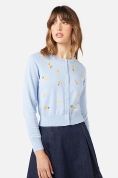 soft-blue Spring Crew Neck Top With Button Closure, Casual Long Sleeve Cardigan With Floral Embroidery, Button Cuffs Sweater For Work In Spring, Spring Workwear Sweater With Button Cuffs, Button Cuff Sweater For Workwear In Spring, Winter Floral Print Cotton Cardigan, Floral Print Cotton Cardigan For Winter, Summer Long Sleeve Cardigan With Button Closure, Spring Floral Embroidered Long Sleeve Cardigan