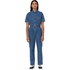 Every wardrobe needs a denim jumpsuit. Our Houston denim coveralls are crafted from 100% cotton denim for an all-season staple thats made to last. The timeless piece offers a utility-inspired aesthetic with its functional chest pockets and zippered front closure. The short sleeve coveralls have a stretchy waistband for a flattering fit. Dickies Coveralls Women, Utility Medium Wash Overall Jumpsuits, Utility Style Medium Wash Overalls Jumpsuit, Medium Wash Utility Overalls, Utility Overall Jumpsuits And Rompers In Medium Wash, Utility Style Dark Wash Denim Jumpsuit, Dark Wash Utility Denim Jumpsuit, Utility Denim Jumpsuit For Work In Medium Wash, Workwear Medium Wash Cotton Jumpsuit