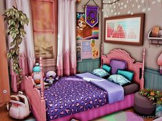 an animated bedroom with pink and purple bedding, potted plants and pictures on the wall