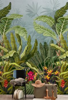 a wall mural with tropical plants and flowers on the side, along with a chair