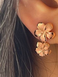 Hawaiian Heirloom 12mm and 10mm Plumeria Flower Link Stud Earrings In 14-karat Solid Tricolor Gold Are Stylish And Gorgeous. Dangle and Drop Stud Link Earrings Sandblast Satin High-polished edges 14 Karat Solid Rose Gold GUARANTEED, Authenticated with a 14K Stamp Made with the Highest Quality Craftsmanship Solid 14K Rose Gold 12mm and 10mm Plumeria Flower Link Stud Earrings Dangle & Drop Total Weight 2.7 grams Solid 14K Rose Gold Plumeria Flower  Width 12 Millimeter, and 10 Millimeters Dangle & Drop Length 20 Millimeters Amazing! Gift For Family and Friends! Jewelry Gift Box Included! Round Rose Gold Flower Charm Earrings, Rose Gold Dangle Earrings With Flower Charm, Rose Gold Round Flower Charm Earrings, Rose Gold Flower Charm Earrings, Rose Gold Flower-shaped Jewelry With Matching Earrings, Rose Gold Flower-shaped Pierced Earrings, Rose Gold Flower Earrings For Anniversary, Rose Gold Flower Shaped Pierced Earrings, Anniversary Rose Gold Flower Earrings