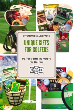 various golf gifts for golfers are shown in this collage with the words unique gifts for golfers