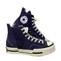 Converse Chuck Taylor 70 Plus High Top Dark Purple Canvas Men’s Sneakers A00866C Brand new with box no lid. 100% AUTHENTIC! An unexpected update on an all-time classic, the Chuck 70 Plus mixes iconic features with future-forward styling. A fusion of mixed-weight canvas comes together with bold, asymmetrical lines for a statement-making look. Spliced rubber and ankle patch details keep all eyes on you, while premium cushioning helps you stay light on your feet. High-top sneaker with canvas upper Retro Converse High-top Sneakers With Laces, Retro Converse Sneakers For Sports, Retro Converse Mid-top Sneakers, Retro Mid-top Converse Sneakers, Retro Converse Sneakers For Streetwear, Retro High-top Converse Sneakers, Retro Low-top Canvas Shoes For Sports, Retro Converse High-top Lace-up Sneakers, Retro Converse Lace-up High-top Sneakers