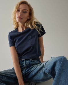 Women's Pima Boxy Crop Tee in Blue Nights (Blue) | Richer Poorer Everyday Blue Organic Cotton Top, Basic Relaxed Fit Tops With Pockets, Everyday Basic Tops With Pockets, Basic Tops With Pockets For Everyday, Basic Everyday Tops With Pockets, Blue Relaxed Fit Comfortable T-shirt, Blue Relaxed Fit T-shirt, Indigo Relaxed Fit Top For Everyday, Everyday Washed Blue Cotton Tops