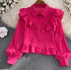 Lasaky - Ruffle Collar Bubble Long Sleeve Blouse: Sweet and Chic Short Top Top Designs For Women, Fancy Shirt, Solid Color Outfits, Fancy Dresses Long, Fashion Tops Blouse, Everyday Fashion Outfits, Hem Blouse, Tops Blouse, Fashion Dresses Casual