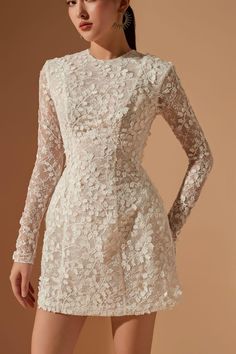 Sabrina A-line Round Neck Lace Mini Dress - MEAN BLVD Beautiful White Dresses Short, Elegant Lace Dresses Short, Long Sleeve Short Reception Dress, Elegant White Dress Short, Anniversary Dress Ideas, Engagement Dress Elegant, Engagement Preparation, Courthouse Dress, Bride Cocktail Dress