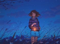 a painting of a girl holding a lit candle in her hands and looking up at the sky