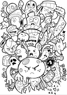 a bunch of cartoon characters that are all over the place in this coloring book page