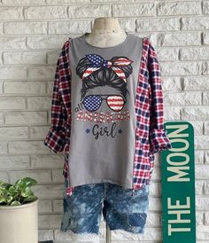 Reworked Flannel and American Girl Tee Rework Red White and - Etsy Reconstructed T Shirt, Refashioned Tshirt, Redesign Clothes Diy, Flannel Refashion, Bleached Flannels, Flannel Clothing, Reworked Flannel, Flannel Shirt Refashion, Revamp Clothes