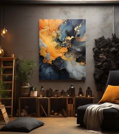 a living room with a large painting on the wall