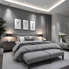 a bedroom with gray walls and white carpeted flooring, two pictures on the wall above the bed