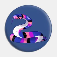 a button with a colorful snake on it's front and back sides, against a dark blue background