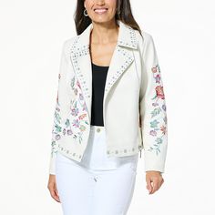 G by Giuliana Black Label Faux Leather Moto Jacket  Giuliana reinvented the classic moto jacket with this fierce yet feminine, faux leather version with colorful floral embroidery that goes from office to off-hours with fashionable ease. Shop Tops, Faux Leather Moto Jacket, Moto Style, Leather Moto, Leather Moto Jacket, Draped Fabric, Notched Collar, Black Label, Shirt Collar