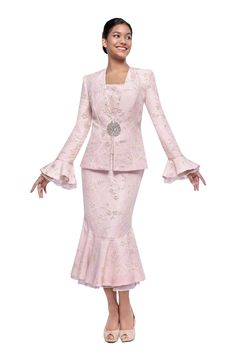 Serafina 4323    3 piece Novelty Skirt Suit  Colors: Blue, Gold, Pink         Sizes: 8, 10, 12, 14, 16, 18, 20, 22, 24 Suit For Ladies, Suit Colors, Batwing Sleeve Top, Women Church Suits, Church Suits, Floral Embroidery Patterns, Stylish Suit, Peplum Jacket, Mermaid Skirt