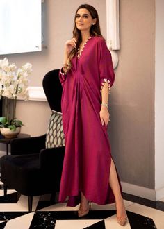 Magenta Kaftan – PURPLE HAZE PRET STUDIO Cotton Party Dresses For Eid, Elegant Cotton Silk Straight Kurta Dress, Silk Kurta With Embroidered Neckline And Long Sleeves, Elegant Cotton Silk Dress For Designer Wear, V-neck Kurta With Dabka Work For Party, Elegant Cotton Silk Dresses For Eid, Elegant Floor-length Summer Kurta, Elegant Cotton Dresses For Eid, Designer Eid Dress With V-neck