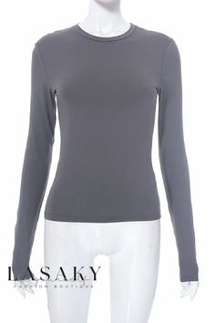 Lasaky - Classic Round-Neck Long-Sleeve Basic T-Shirt in Solid Colors High Stretch Solid Color T-shirt For Fall, Gray Stretch Crew Neck Top, Gray Top For Fall, Fitted Gray T-shirt For Fall, High Stretch Long Sleeve T-shirt For Spring, Spring Long Sleeve Stretch T-shirt, Trendy Gray Long Sleeve T-shirt, High Stretch Gray Tops For Winter, High Stretch Gray Top For Winter