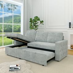 a living room scene with focus on the sofa bed and open storage compartment under it