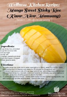 the menu for mango sweet sticky rice on a green plate with white rice and mango slices